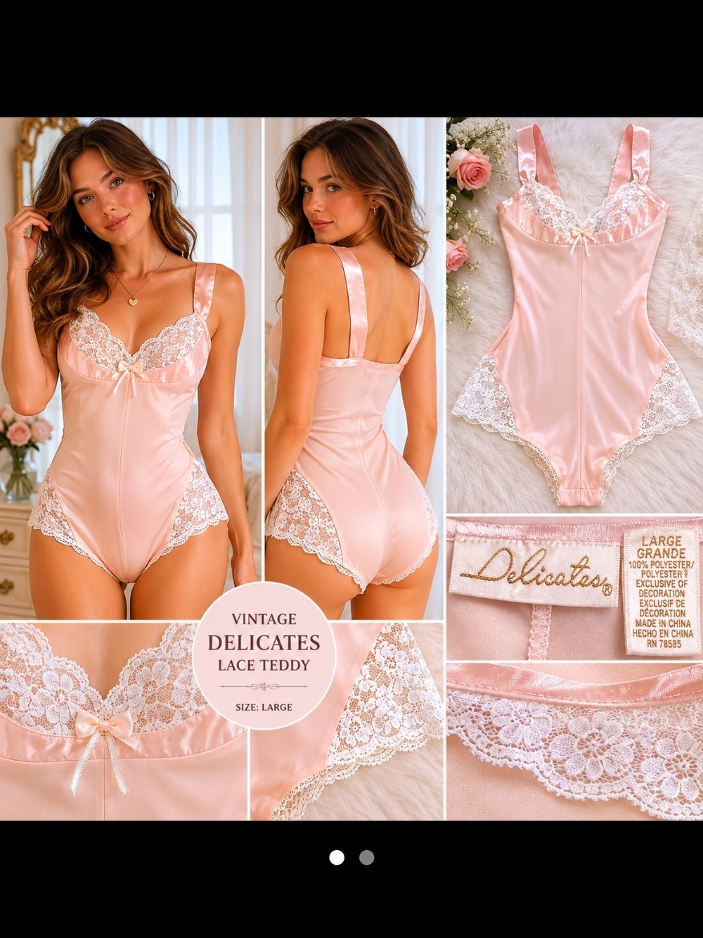 delicates Vintage Lace Satin Teddy - Blush Size Large Y2K 1980s